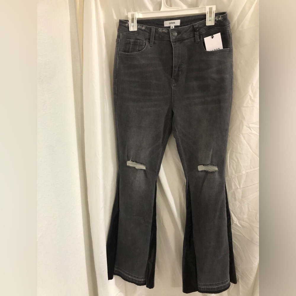 Black faux leather distressed shredded leg flare‎ leg jeans size 30 brand new